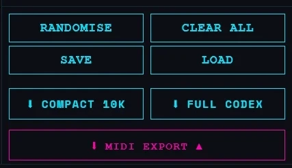 Acid Bedrock blueprint panel: randomise, save, load and export buttons